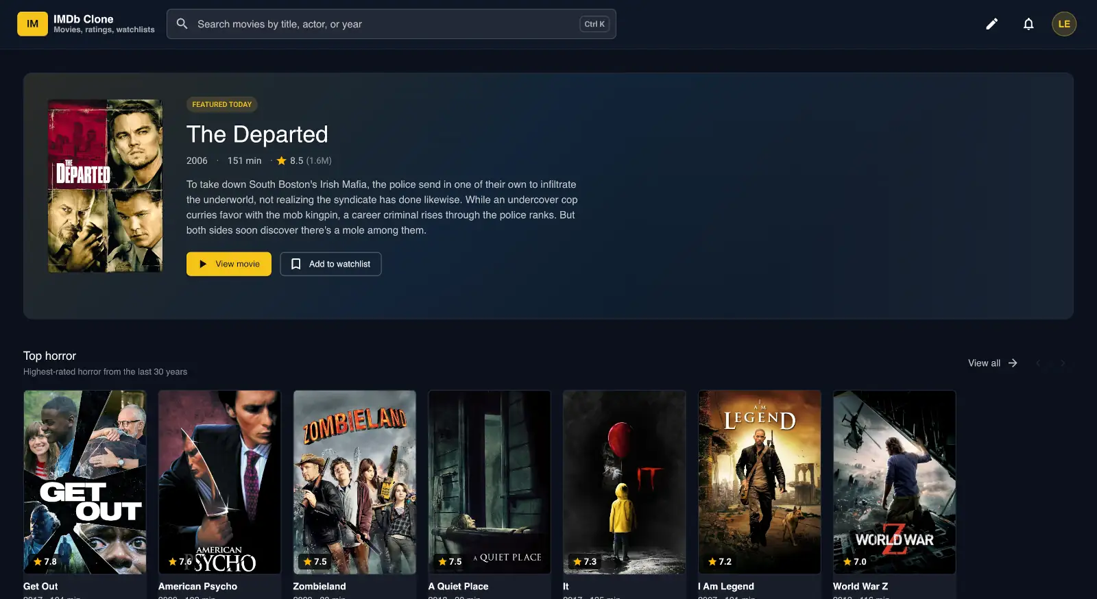 Screenshot of the IMDb Clone web app