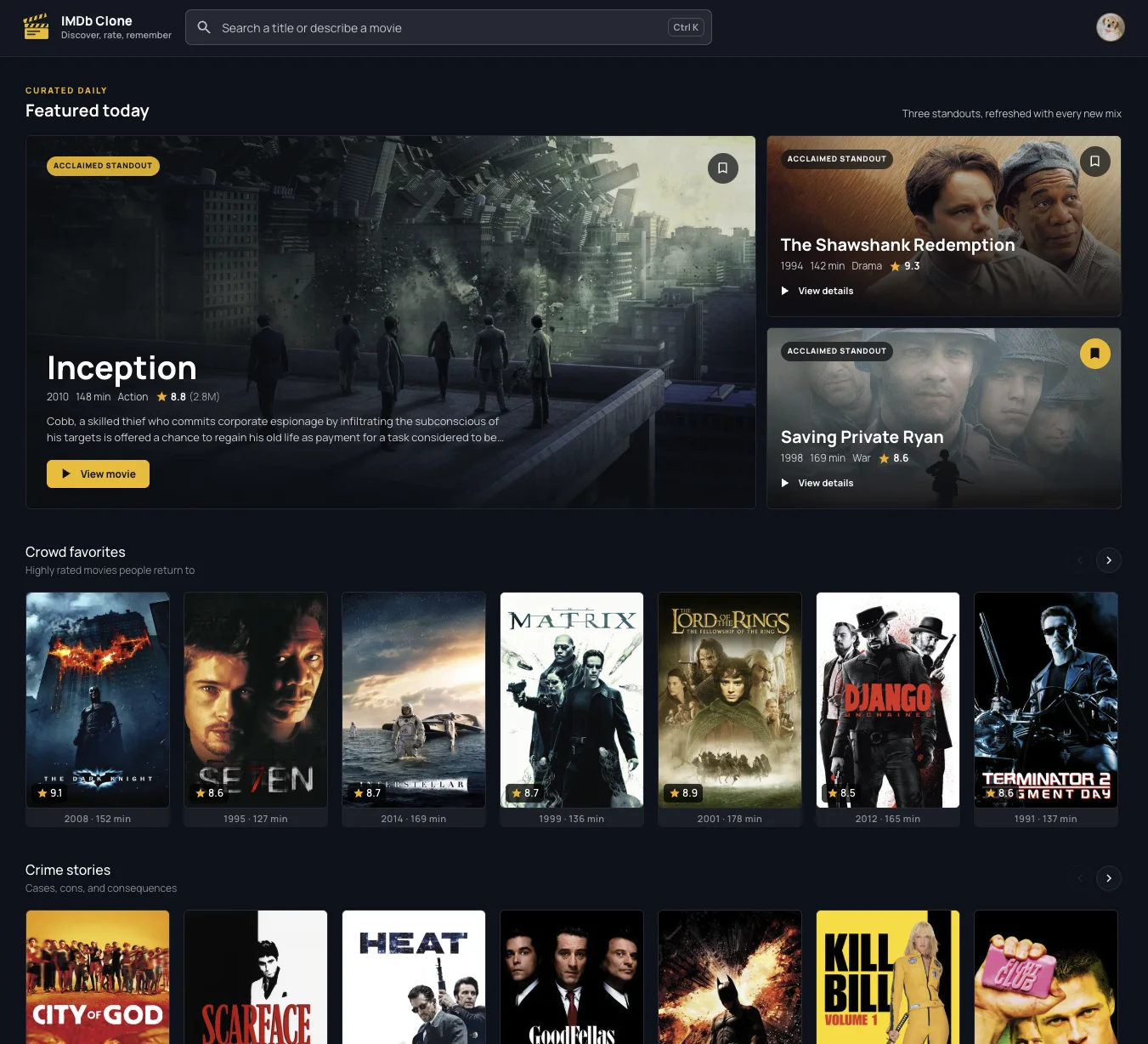 The current IMDb Clone frontend running on the home-server platform